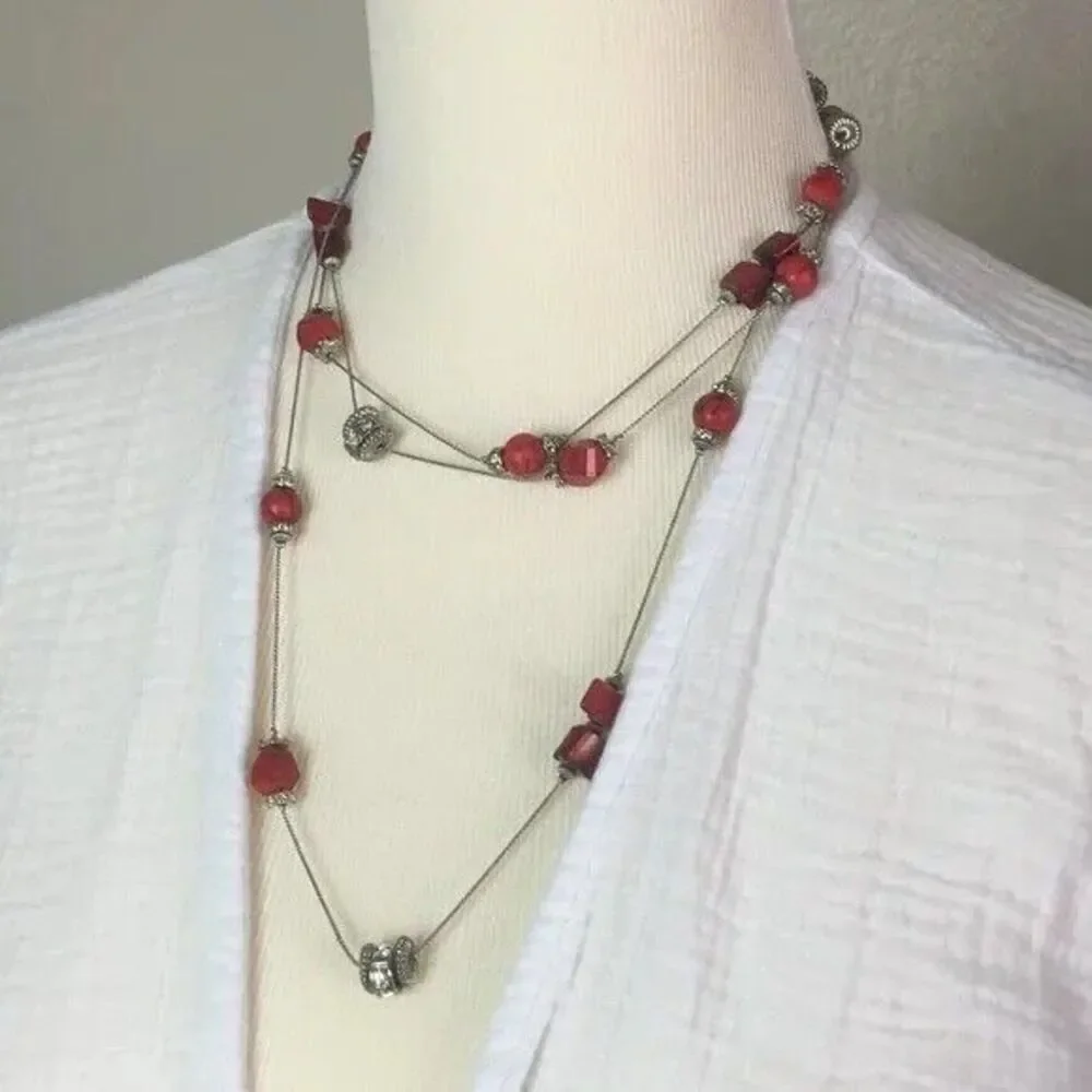 Silver Tone Beaded Rope Necklace 61” Long Chain Rhinestones Shell Beads Plastic